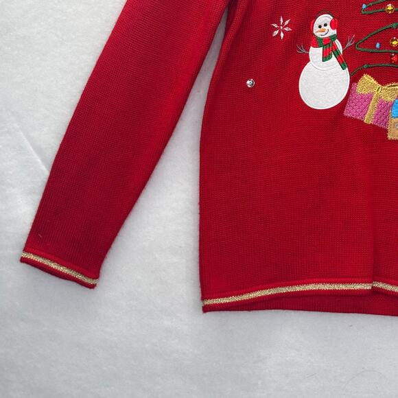 Womens Red & Gold Snowman Reindeer Christmas Tree Ugly Sweater Holiday Sz M - Picture 6 of 8